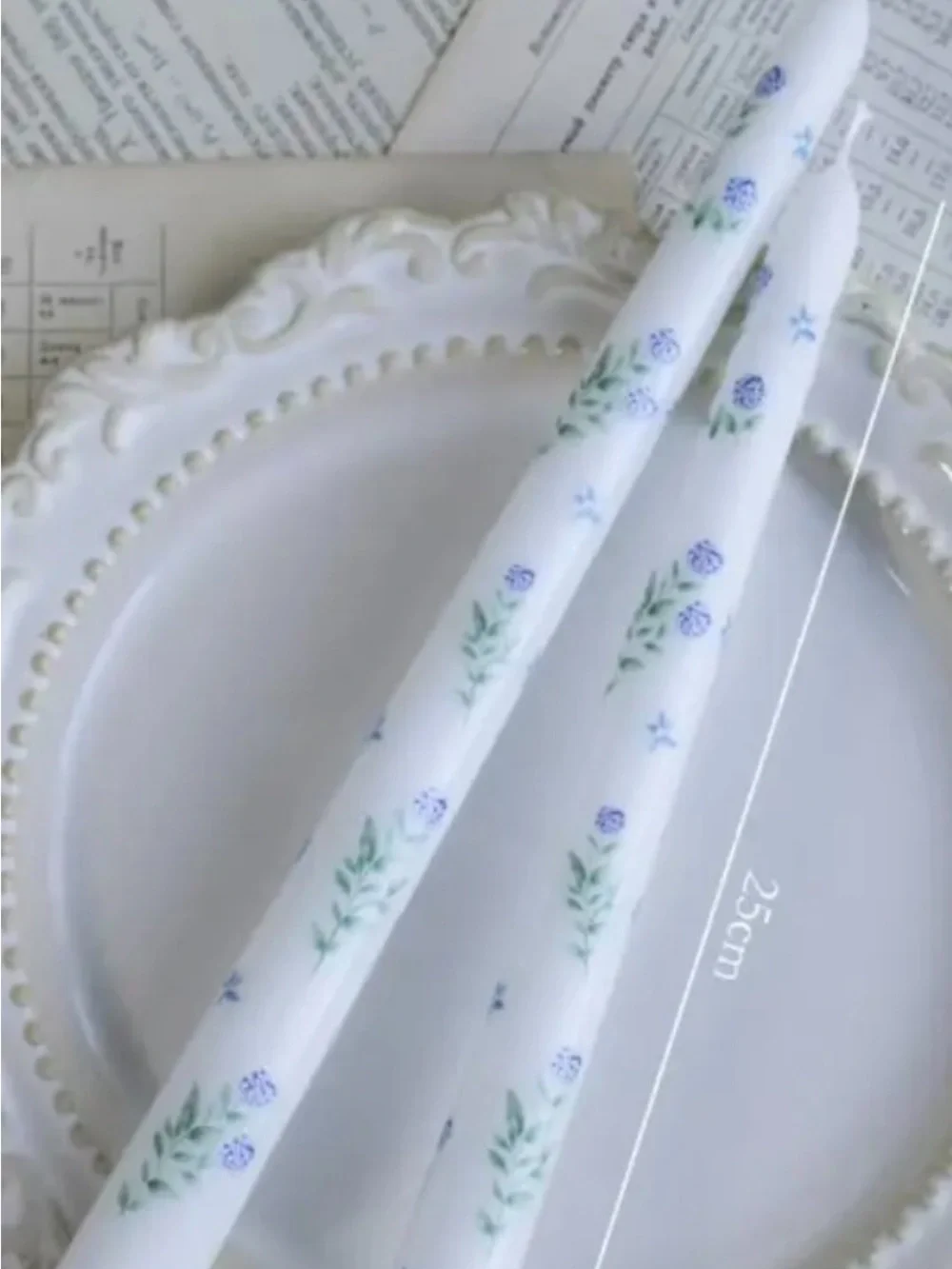 Hand-Painted White Taper Candles with Blue Floral & Green Leaf Motif